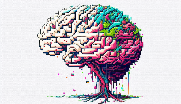 Brain AI neural network representation, abstract pixel art