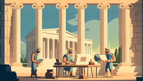 Ancient Greeks looking tablets shaped like computers, supervised learning illustration