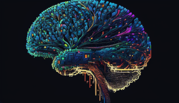 Retro cyberpunk AI brain, neural network, mechanical