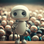 Small cute robot on stage in front of audience, comedy, digital art