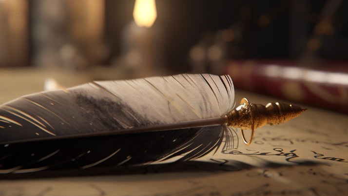 AI story generator, quill sitting on top of parchment, digital art