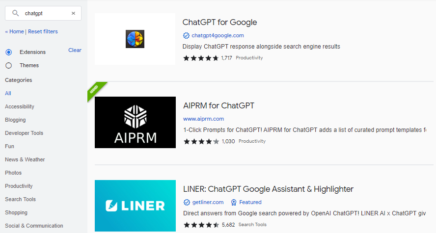 Google Chrome Web store, browser extensions for ChatGPT