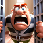 Man attempting to break out of jail, cartoon style