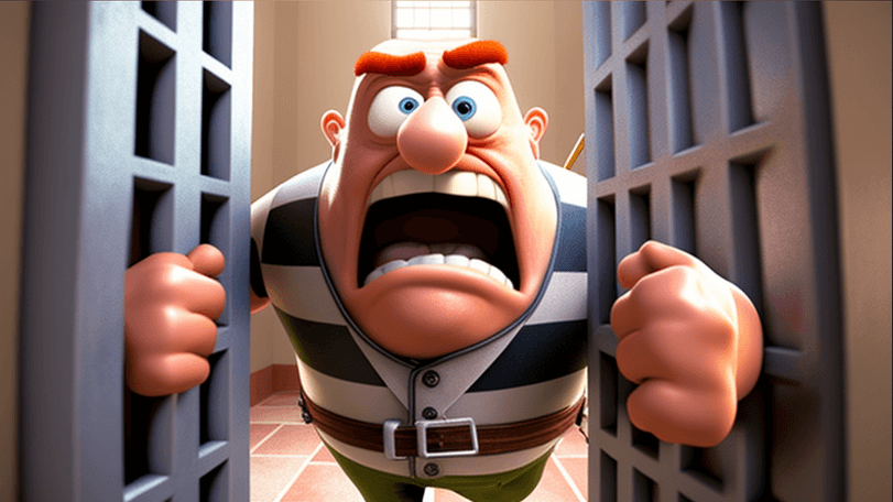 Az ember megpróbál kitörni a börtönből, rajzfilm stílus