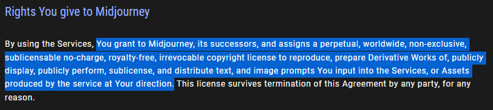Midjourney terms and conditions, user image rights