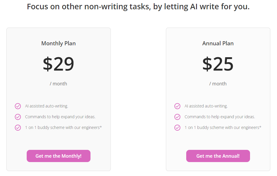 Writely AI pricing page
