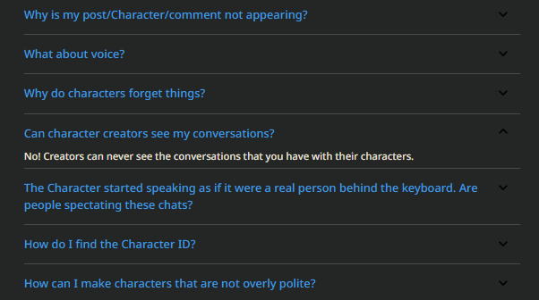Character AI privacy FAQ section