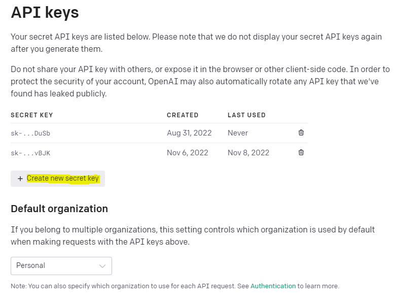 OpenAI create API key