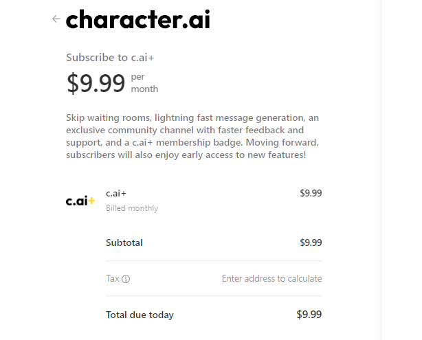 Character AI Plus Payment Screen