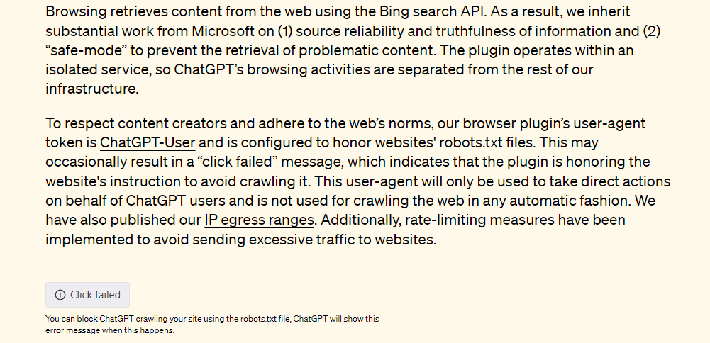 OpenAI web browsing policy, ChatGPT click failed