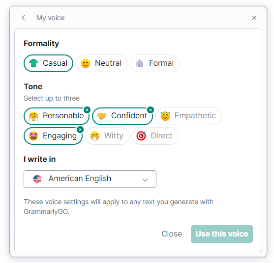 Grammarly Paraphrase settings